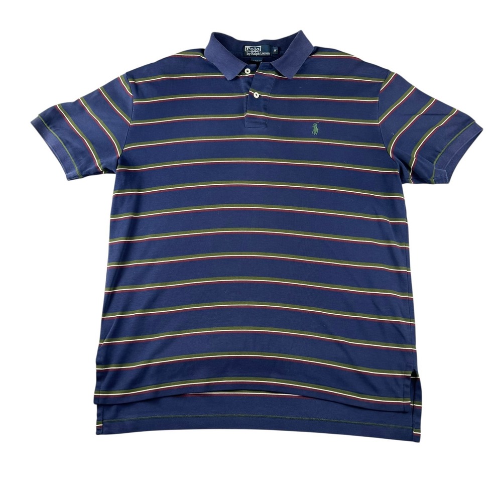 Polo Ralph Lauren Mens Medium Navy Blue Striped Short Sleeve Cotton Polo Shirt